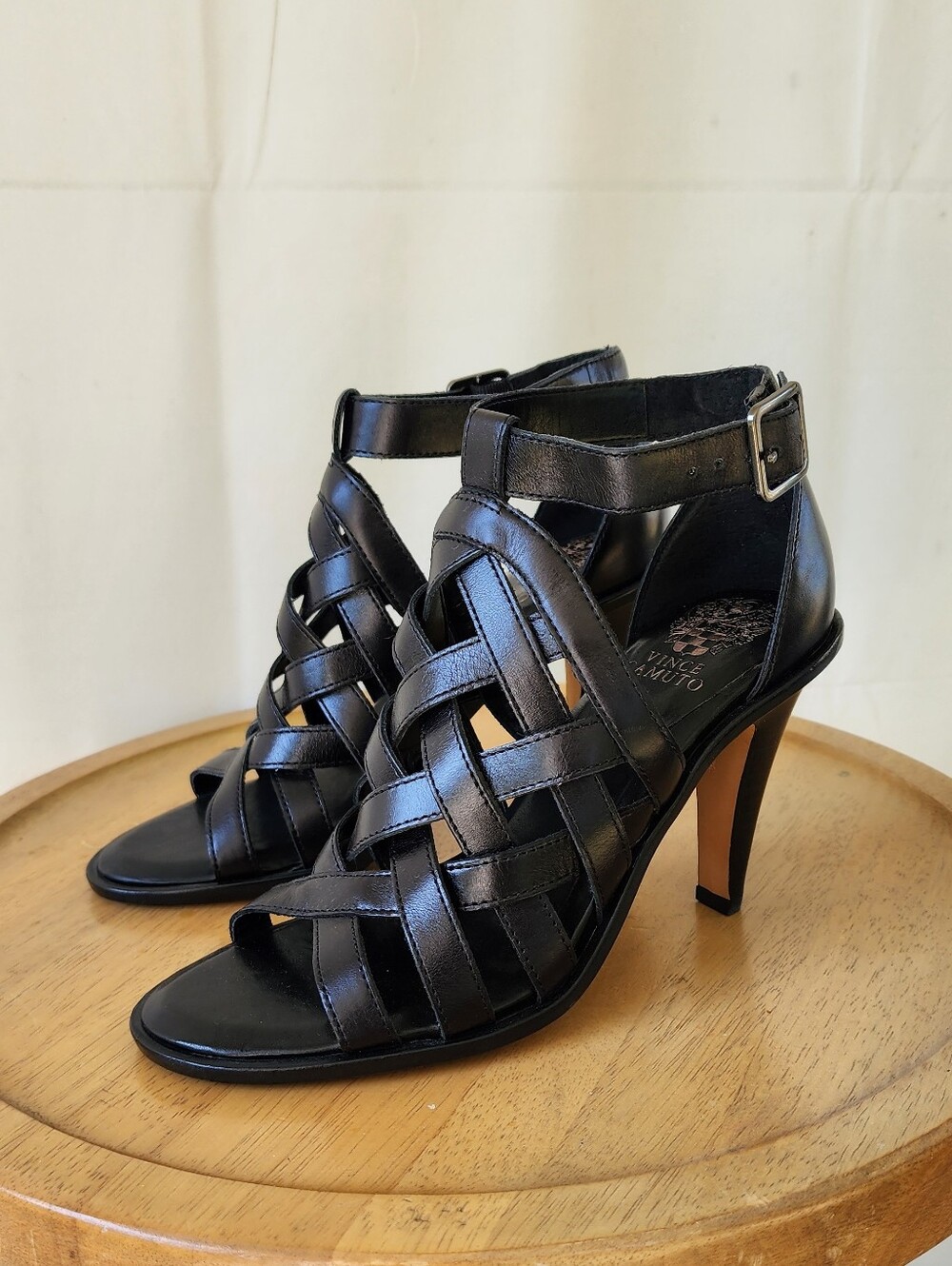 Vince Camuto Black Woven Strappy High Heel Sandals with Ankle Buckle